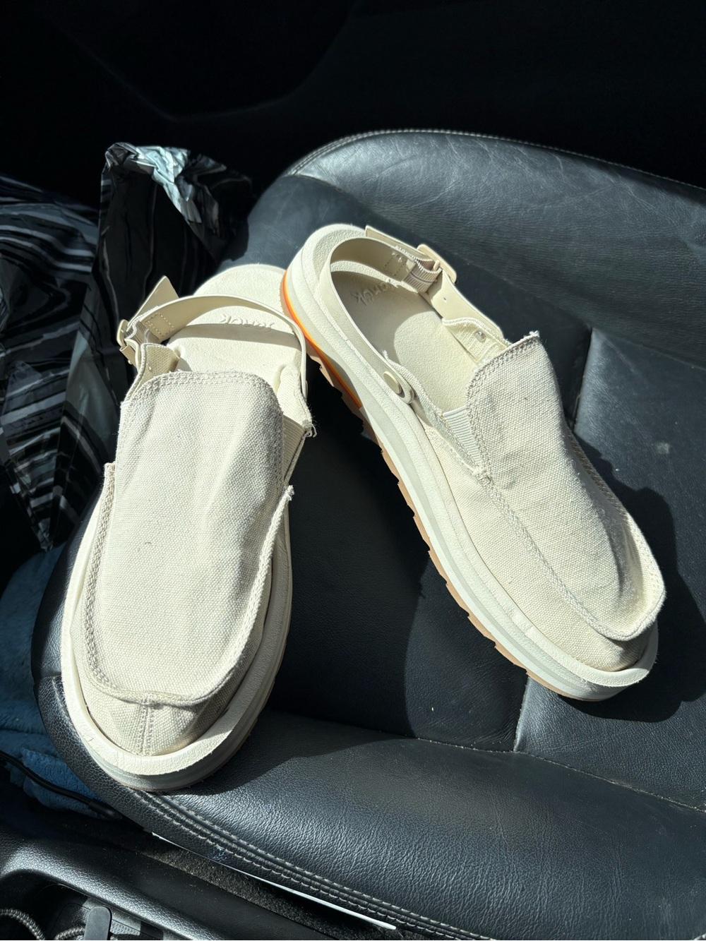Sanuk Cream Canvas Slingback Mules